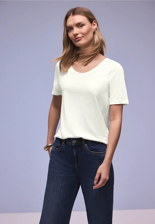 Street One Basic T/Shirt with a Rounded V Neck - White