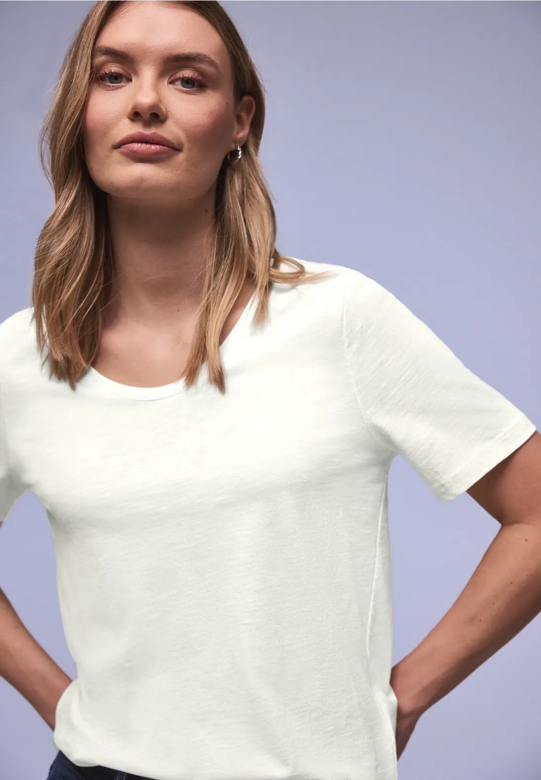 Street One Basic T/Shirt with a Rounded V Neck - White