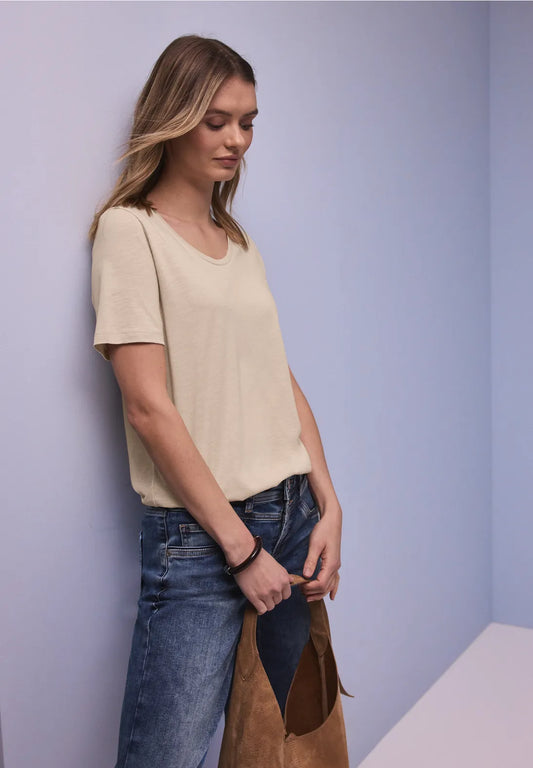 Street One Basic T/Shirt with Rounded V Neck - Beige.
