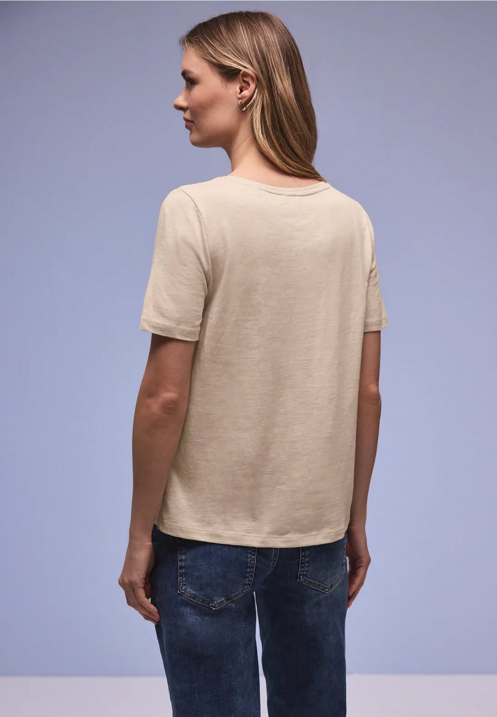 Street One Basic T/Shirt with a Rounded V Neck - Beige.