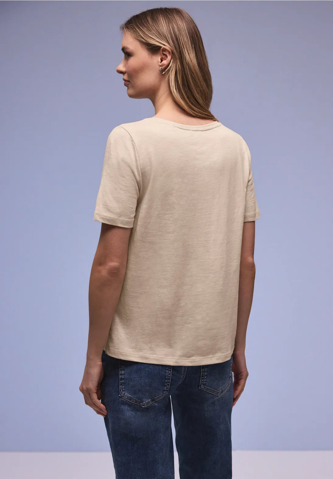 Street One Basic T/Shirt with Rounded V Neck - Beige.