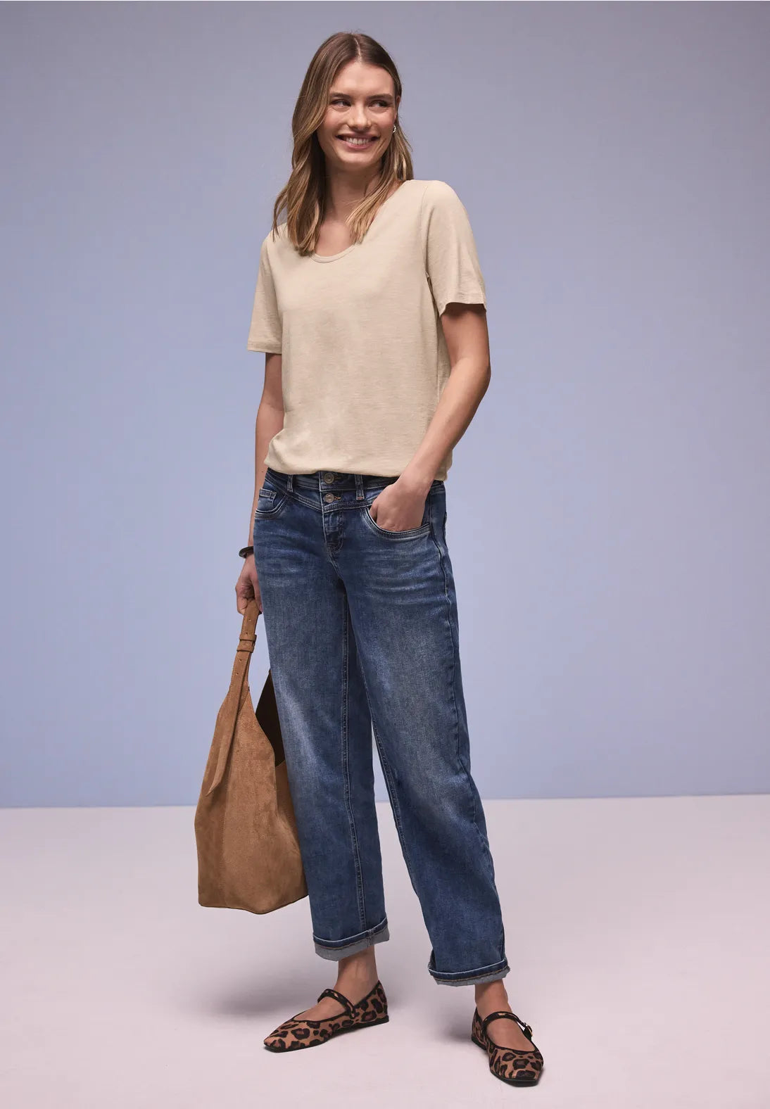 Street One Basic T/Shirt with Rounded V Neck - Beige.