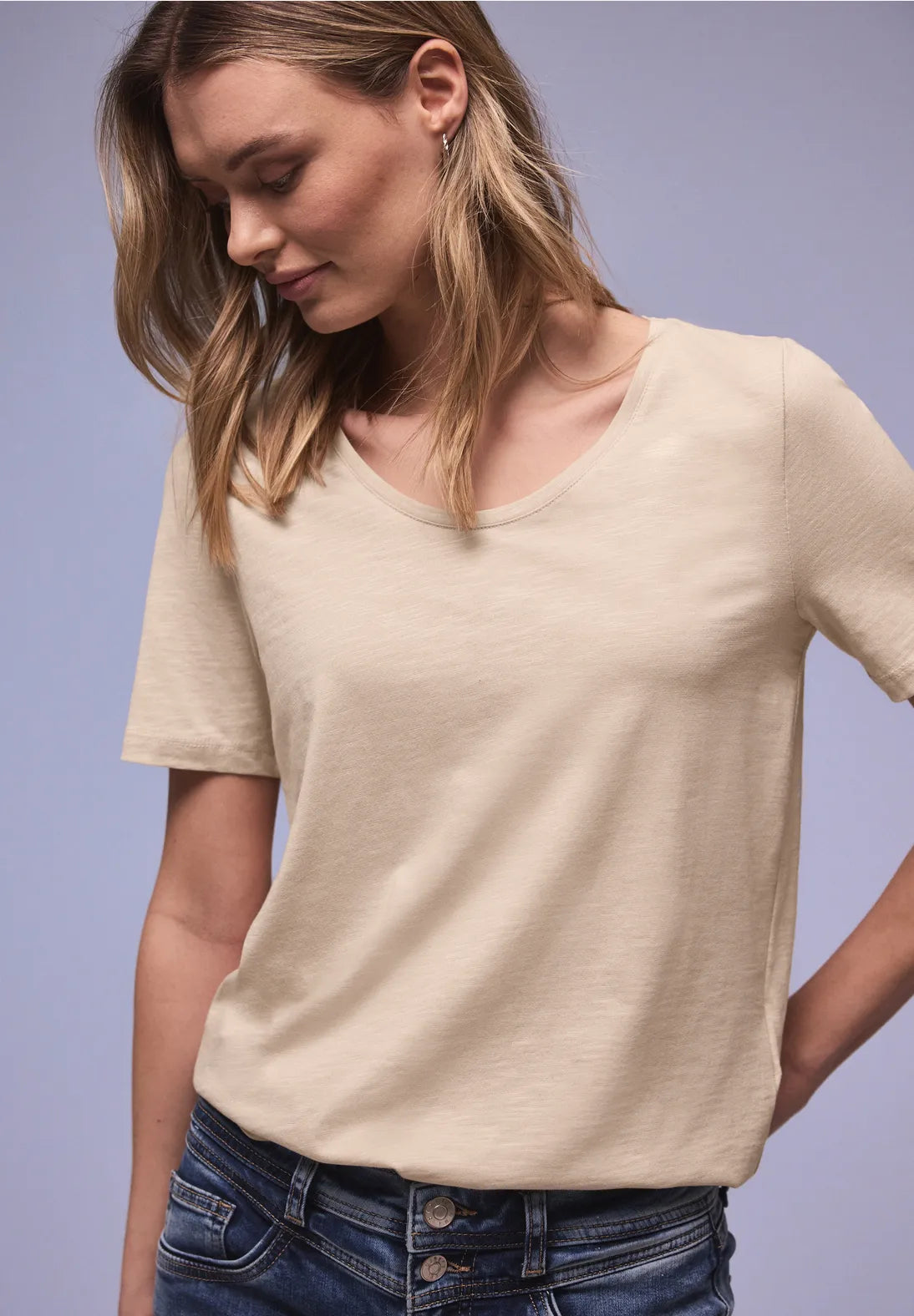 Street One Basic T/Shirt with Rounded V Neck - Beige.