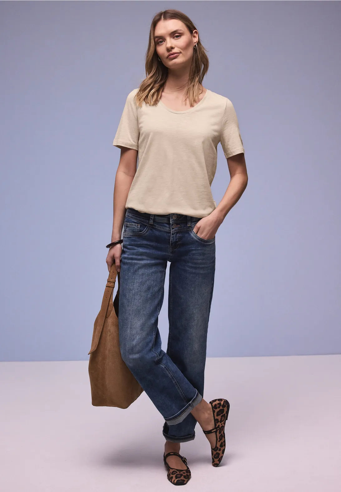 Street One Basic T/Shirt with a Rounded V Neck - Beige.
