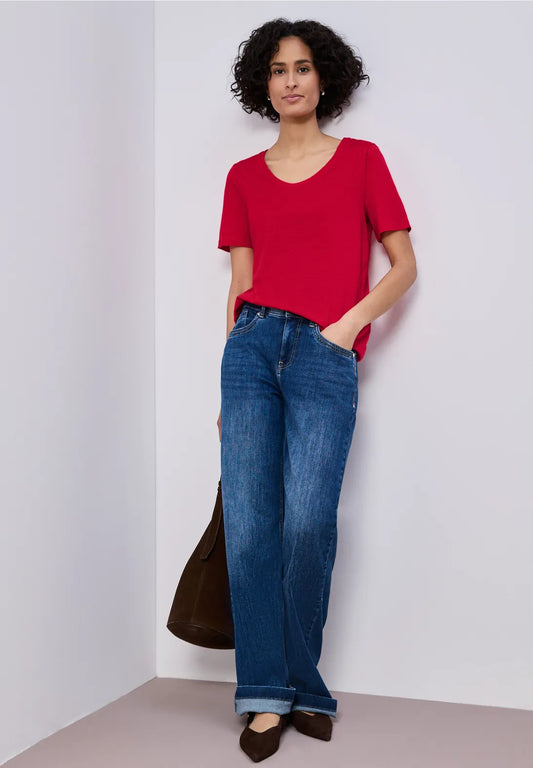 Street One Basic T/Shirt with a Rounded V Neck - Red.