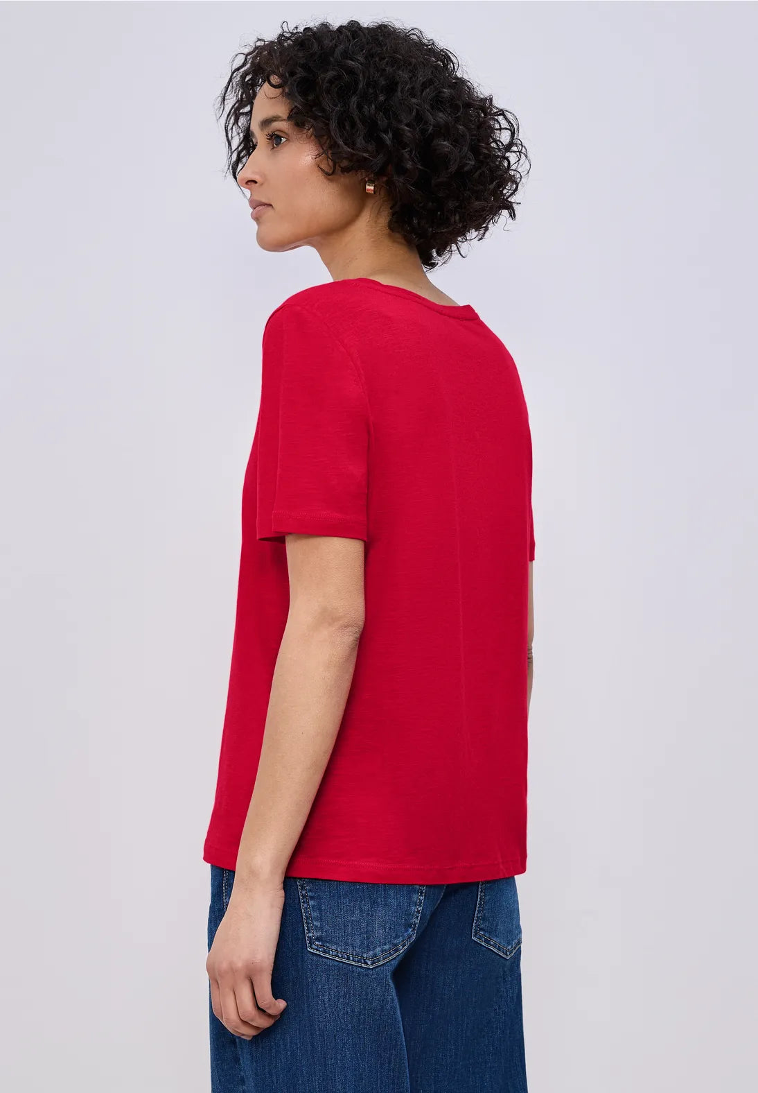 Street One Basic T/Shirt with a Rounded V Neck - Red.