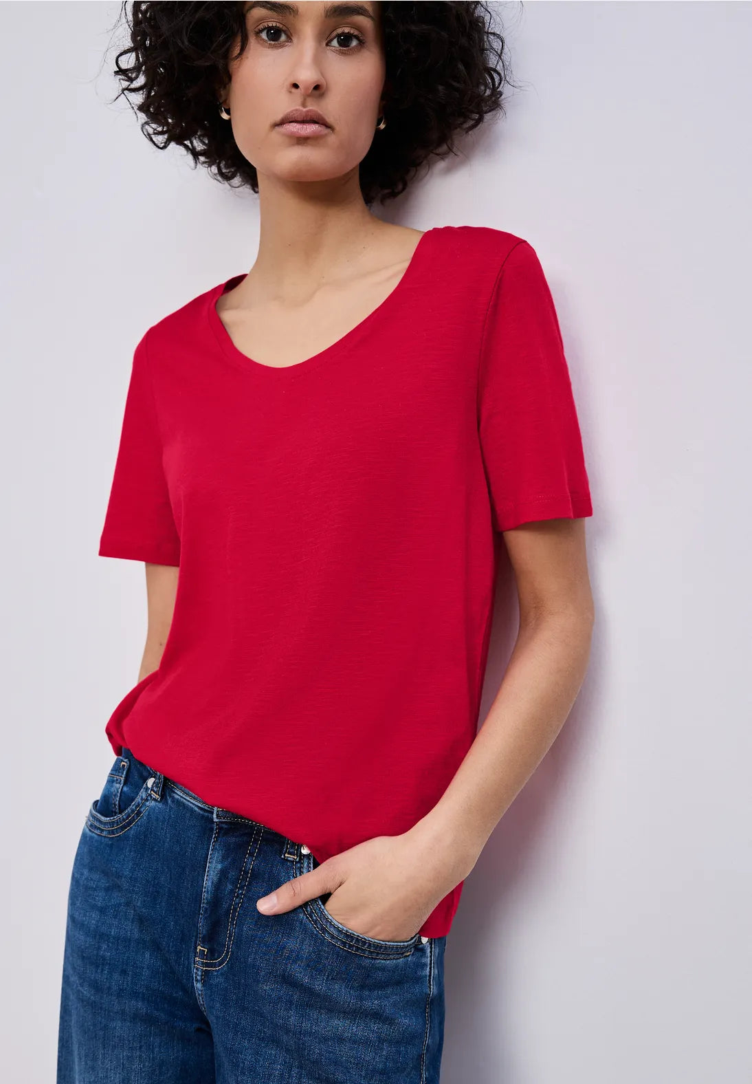 Street One Basic T/Shirt with a Rounded V Neck - Red.
