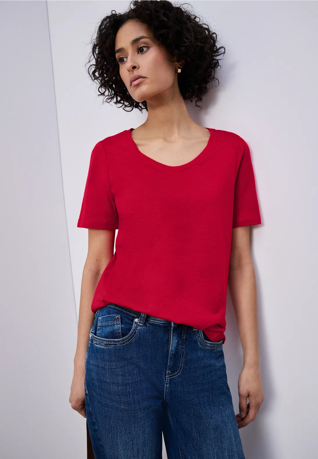 Street One Basic T/Shirt with a Rounded V Neck - Red.