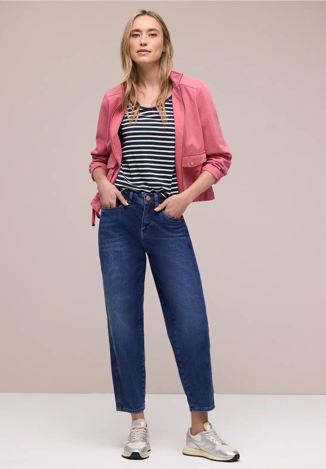 Street One T/Shirt with a Rounded V Neck - Navy & White Stripe.