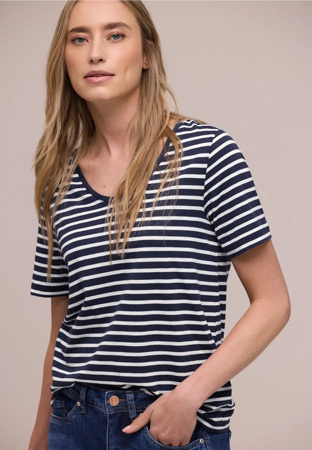 Street One T/Shirt with a Rounded V Neck - Navy & White Stripe.