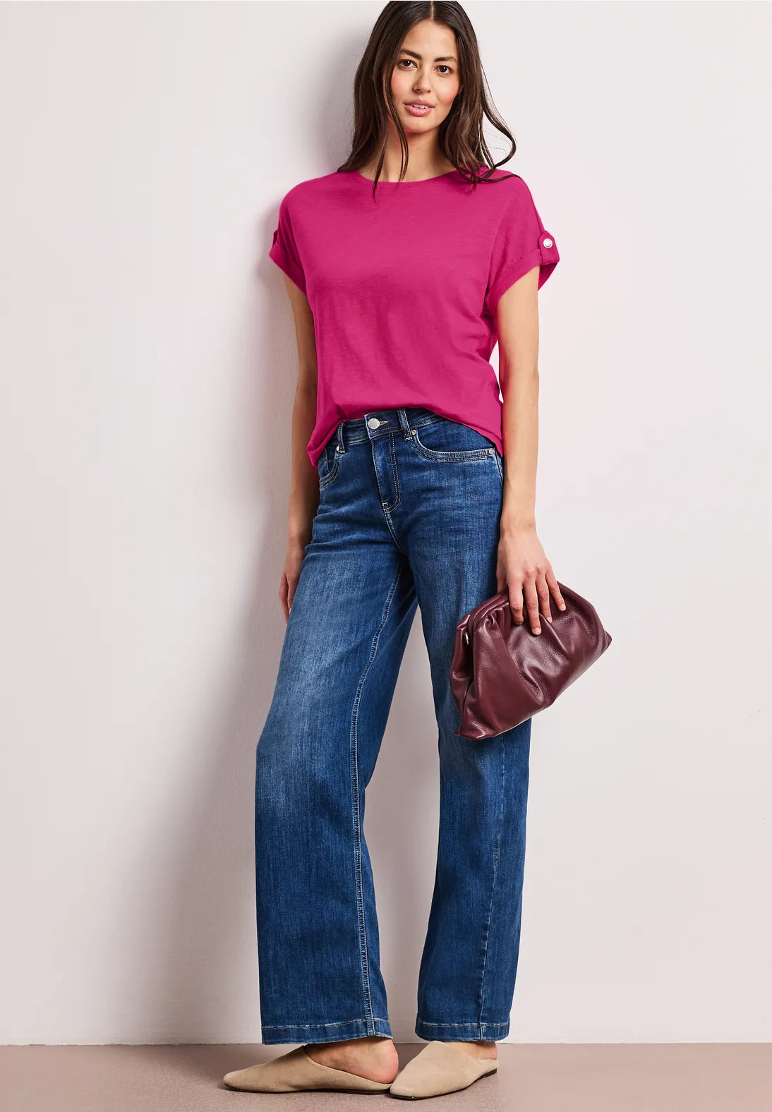 Street One Round Neck T/Shirt with Button Detail - Pink.