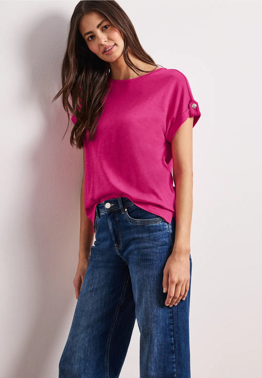 Street One Round Neck T/Shirt with Button Detail - Pink.