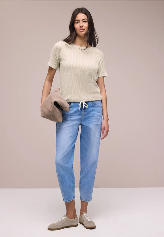 Street One Short Sleeve Top with Texture Stripes - Beige.