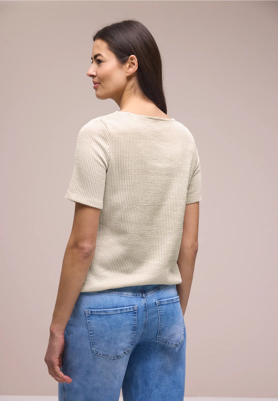 Street One Short Sleeve Top with Texture Stripes - Beige.