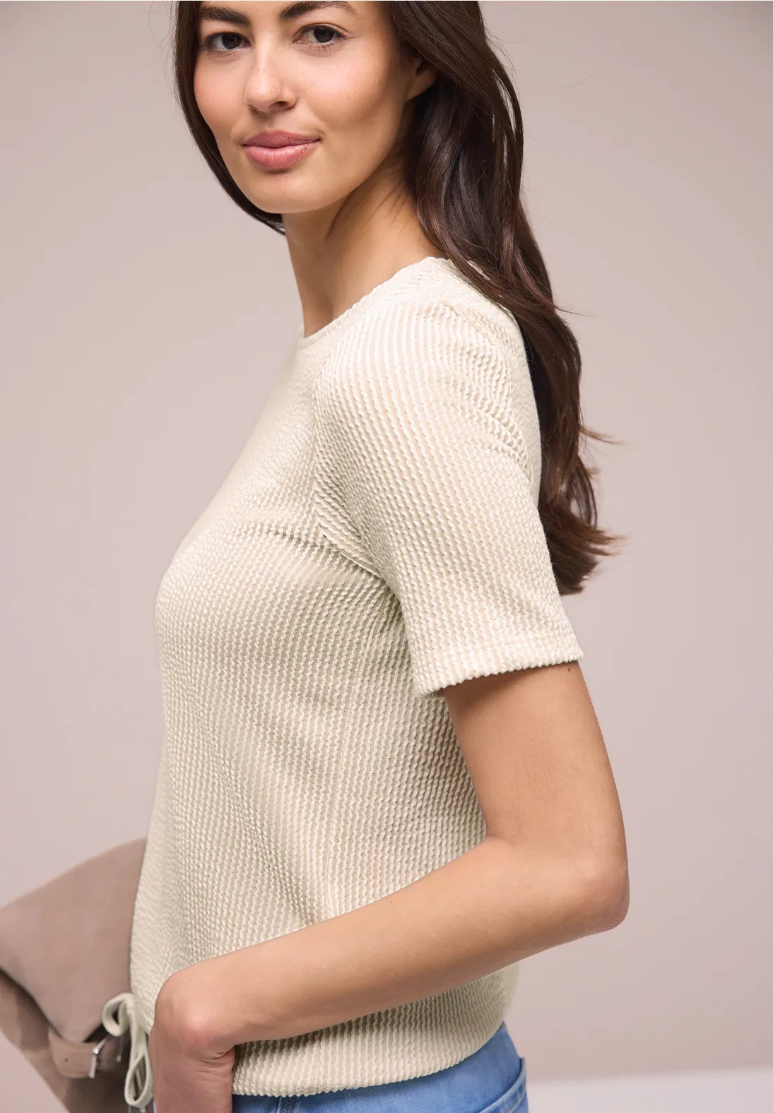 Street One Short Sleeve Top with Texture Stripes - Beige.