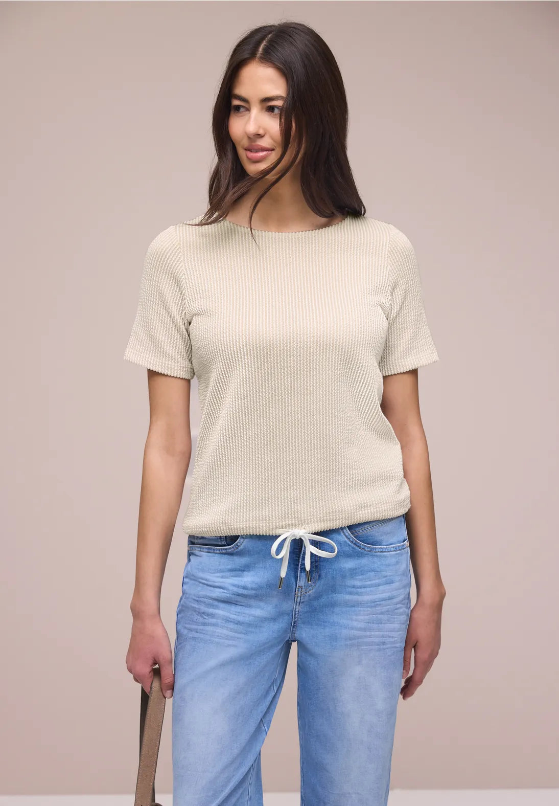 Street One Short Sleeve Top with Texture Stripes - Beige.