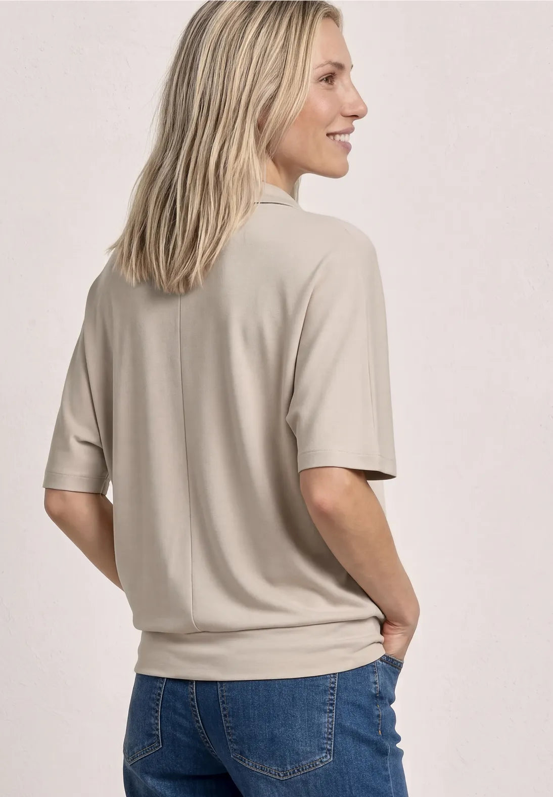 Street One Dropped Shoulder Polo Shirt with Elastic Waistband - Beige.