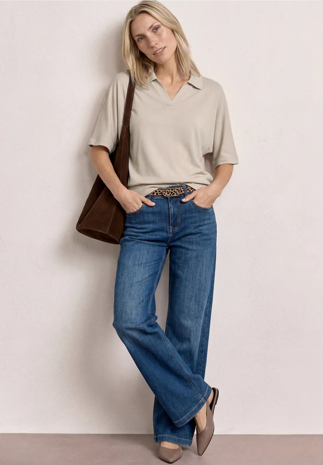 Street One Dropped Shoulder Polo Shirt with Elastic Waistband - Beige.