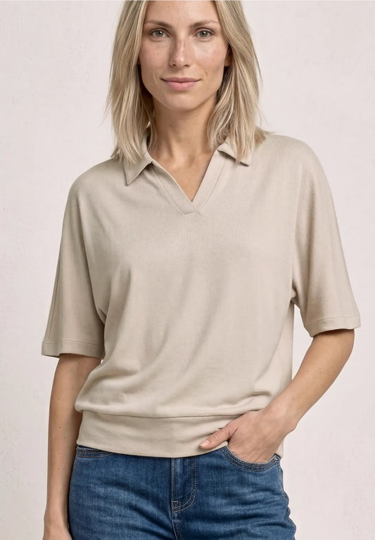 Street One Dropped Shoulder Polo Shirt with Elastic Waistband - Beige.