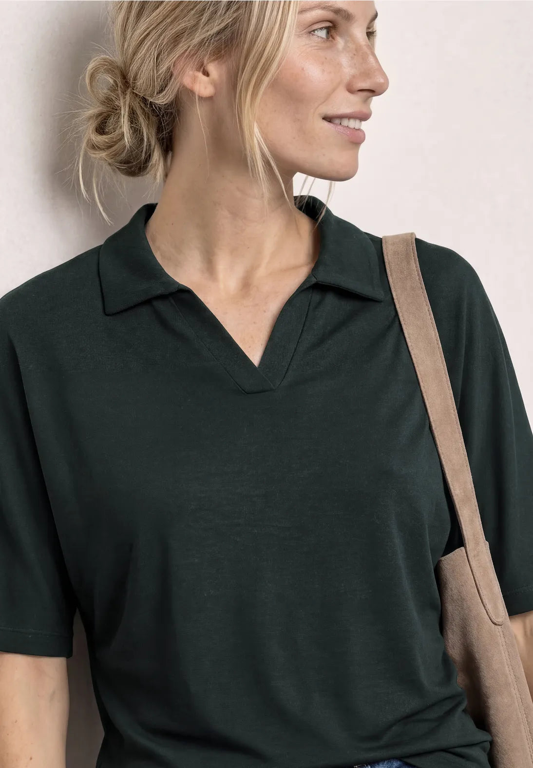 Street One Dropped Shoulder Polo Shirt with Elasticated Waist Band - Green.