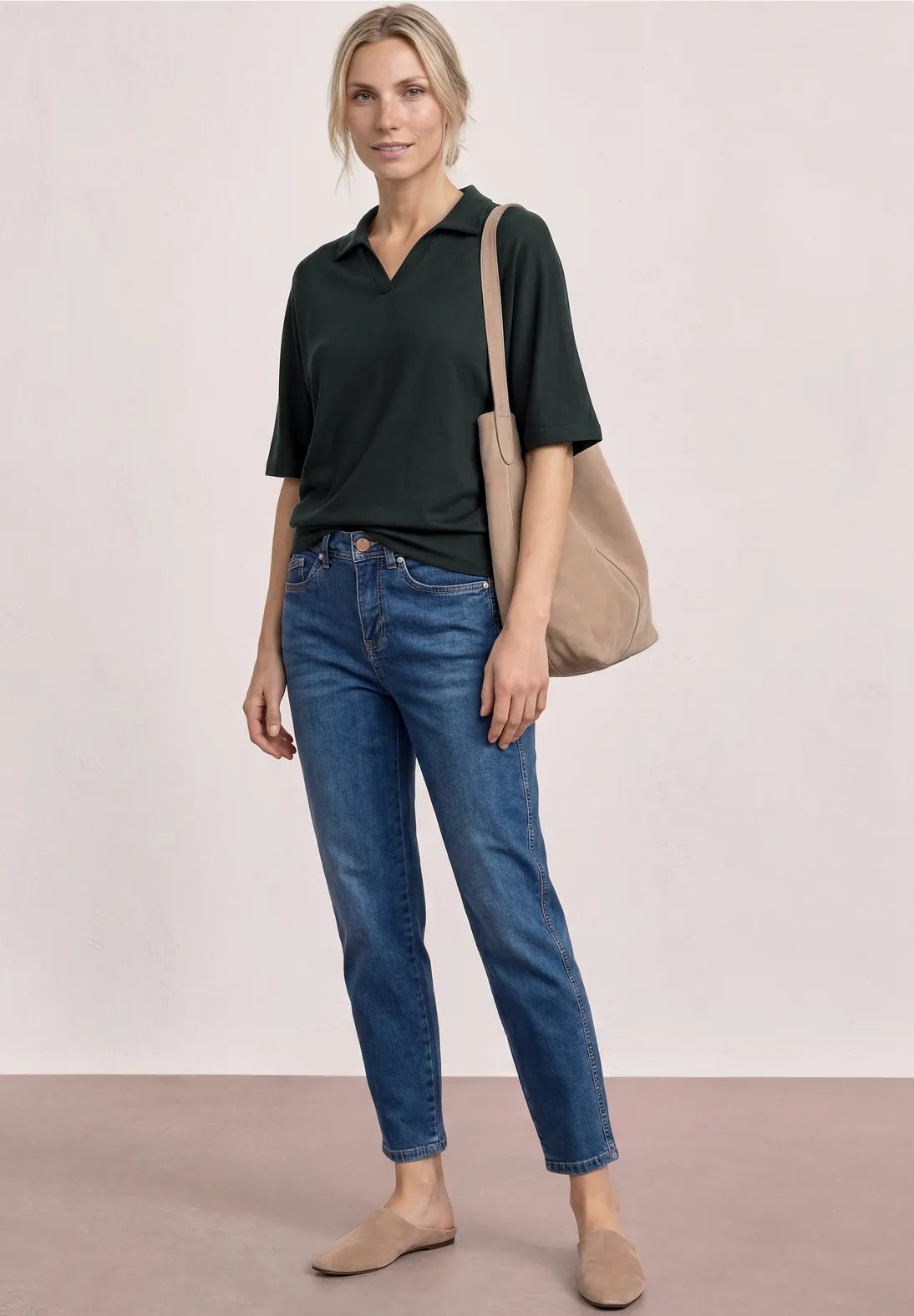 Street One Dropped Shoulder Polo Shirt with Elasticated Waist Band - Green.
