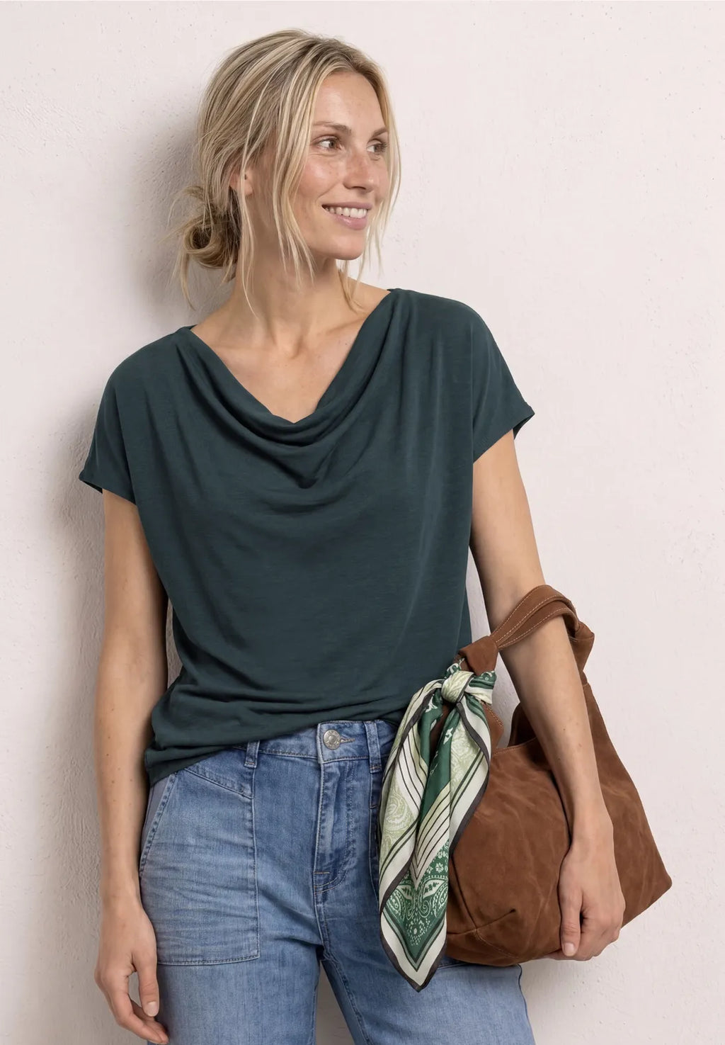 Street One Silk Look Shirt with Waterfall Front - Green.