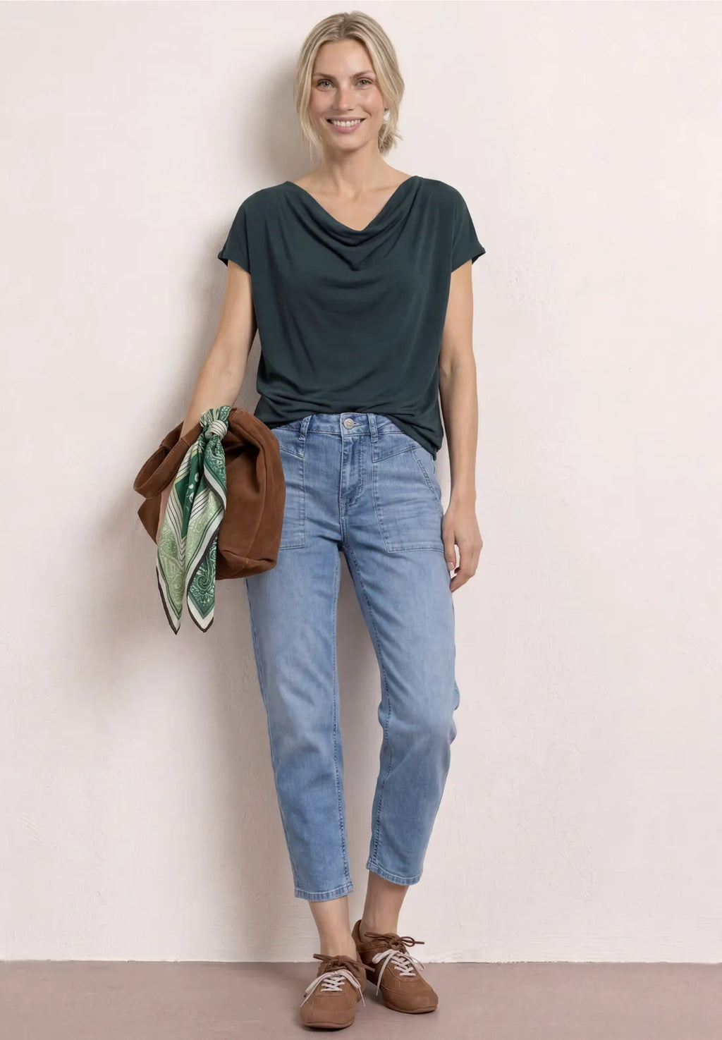Street One Silk Look Shirt with Waterfall Front - Green.