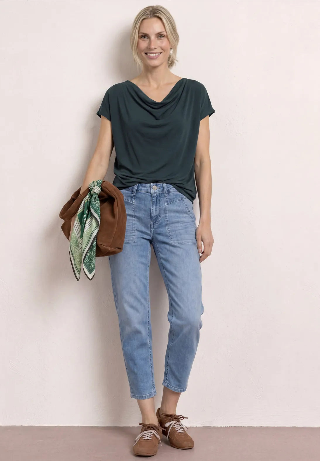 Street One Silk Look Shirt with Waterfall Front - Green.