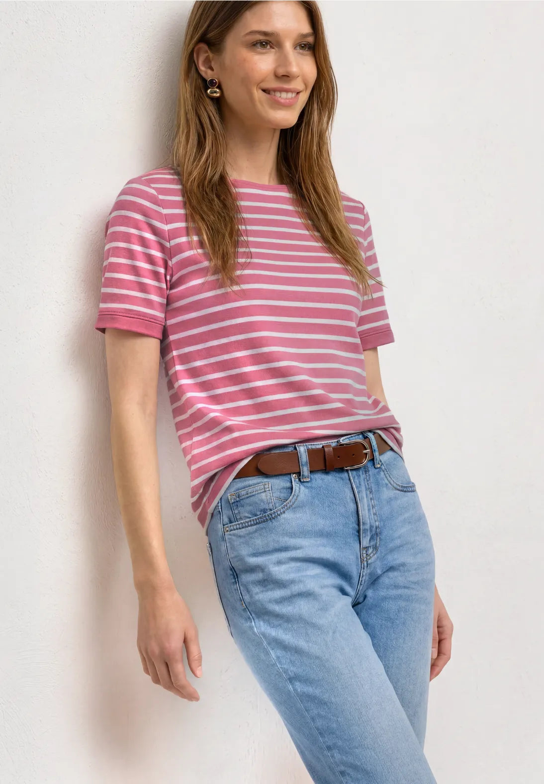 Street One T/Shirt with Boat Neck & Stripes - Pink & White.