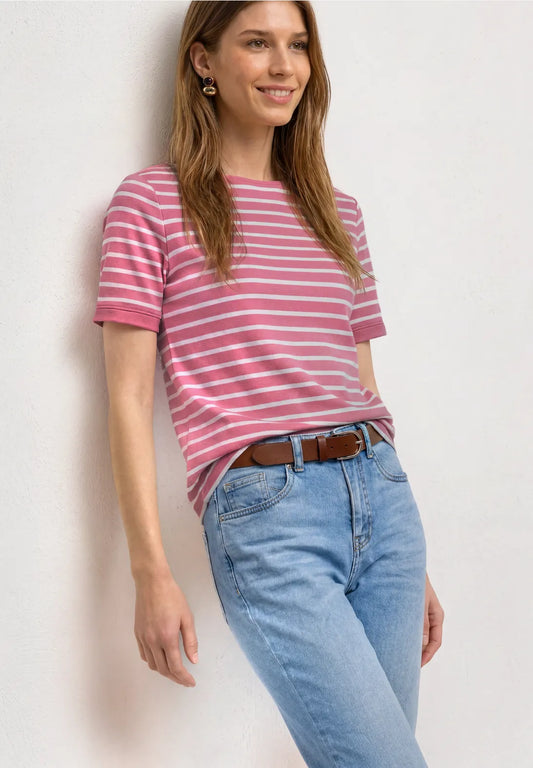 Street One T/Shirt with Boat Neck & Stripes - Pink & White.