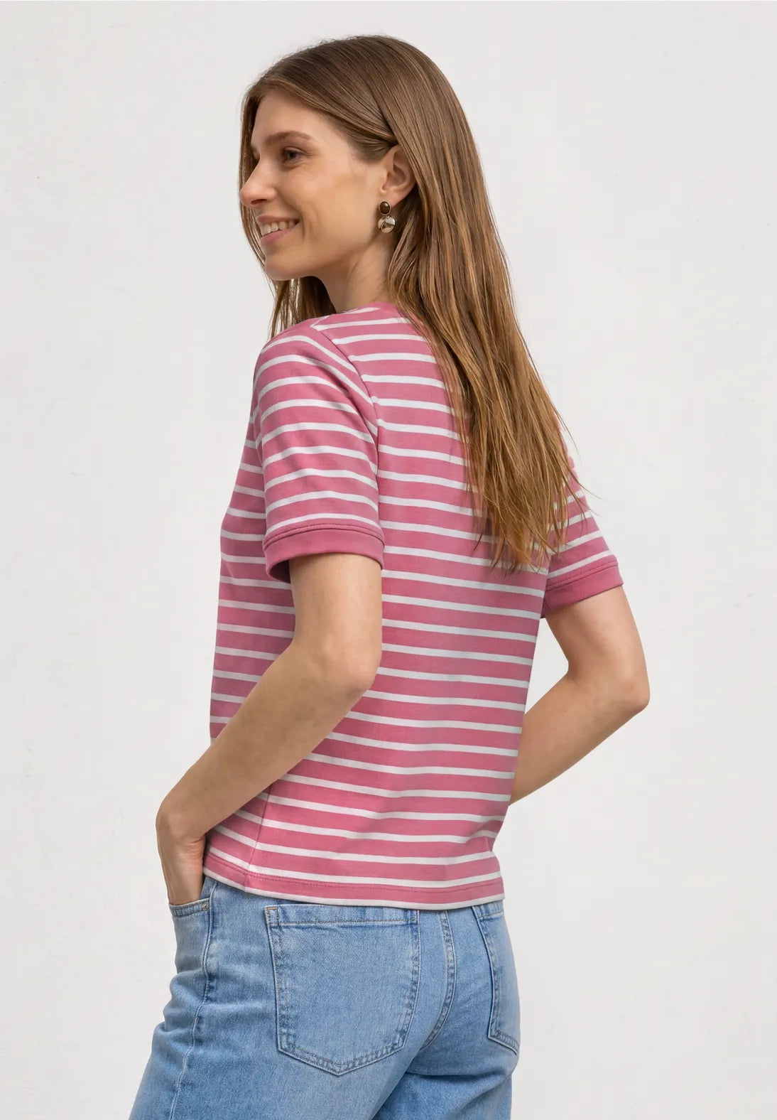 Street One T/Shirt with Boat Neck & Stripes - Pink & White.