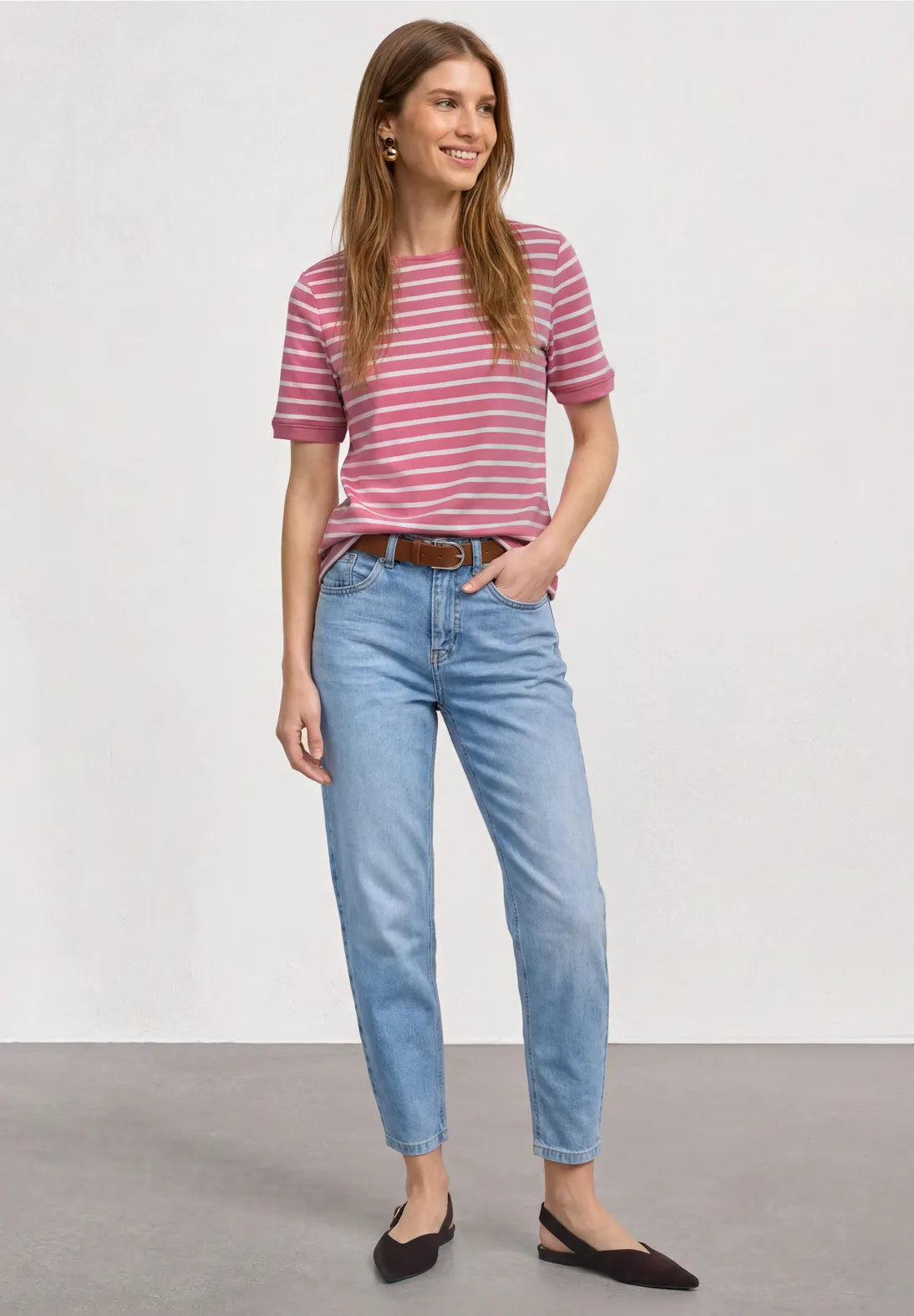 Street One T/Shirt with Boat Neck & Stripes - Pink & White.