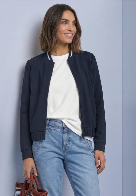Street One Long Sleeve Jacket in a Silk Look with Zipper - Navy.