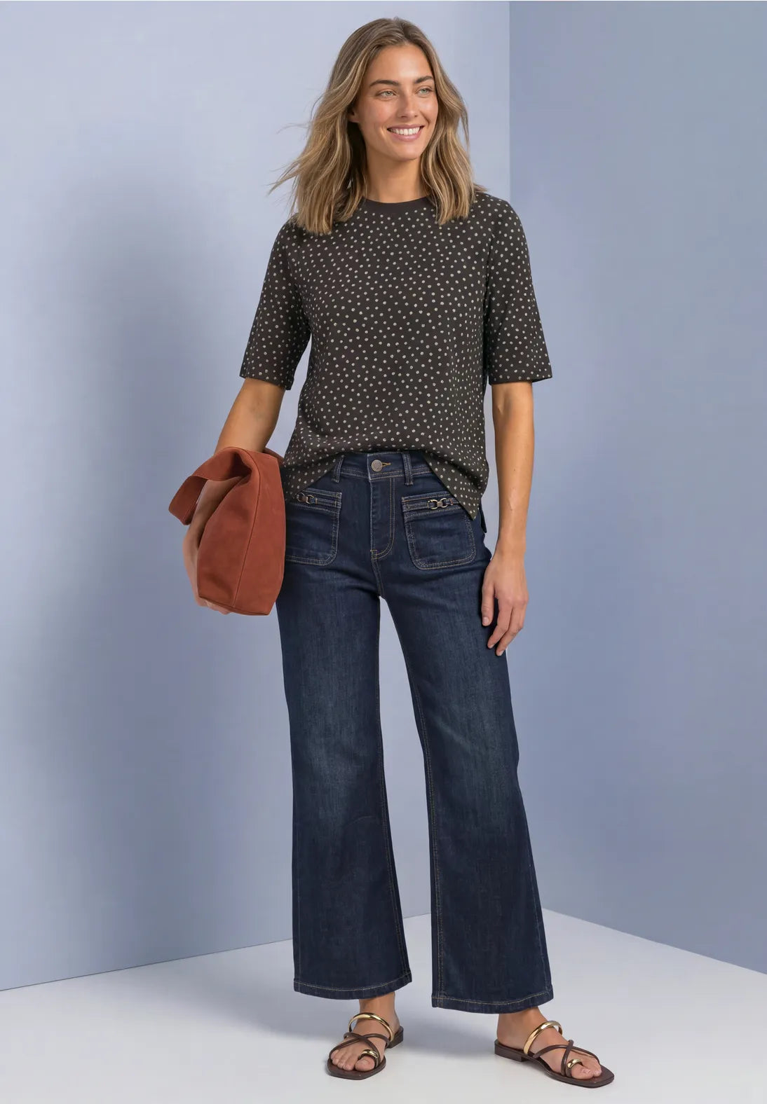 Street One Rend Neck Top - Polka Dot Brown Mix.