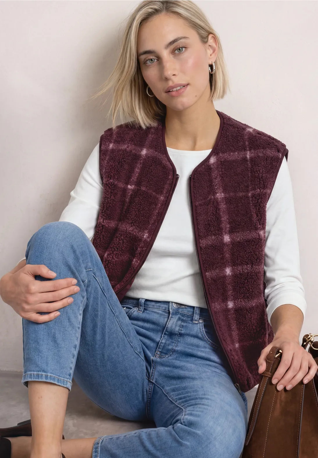 Street One Printyed Teddy Vest with Zipper - Burgundy Mix.