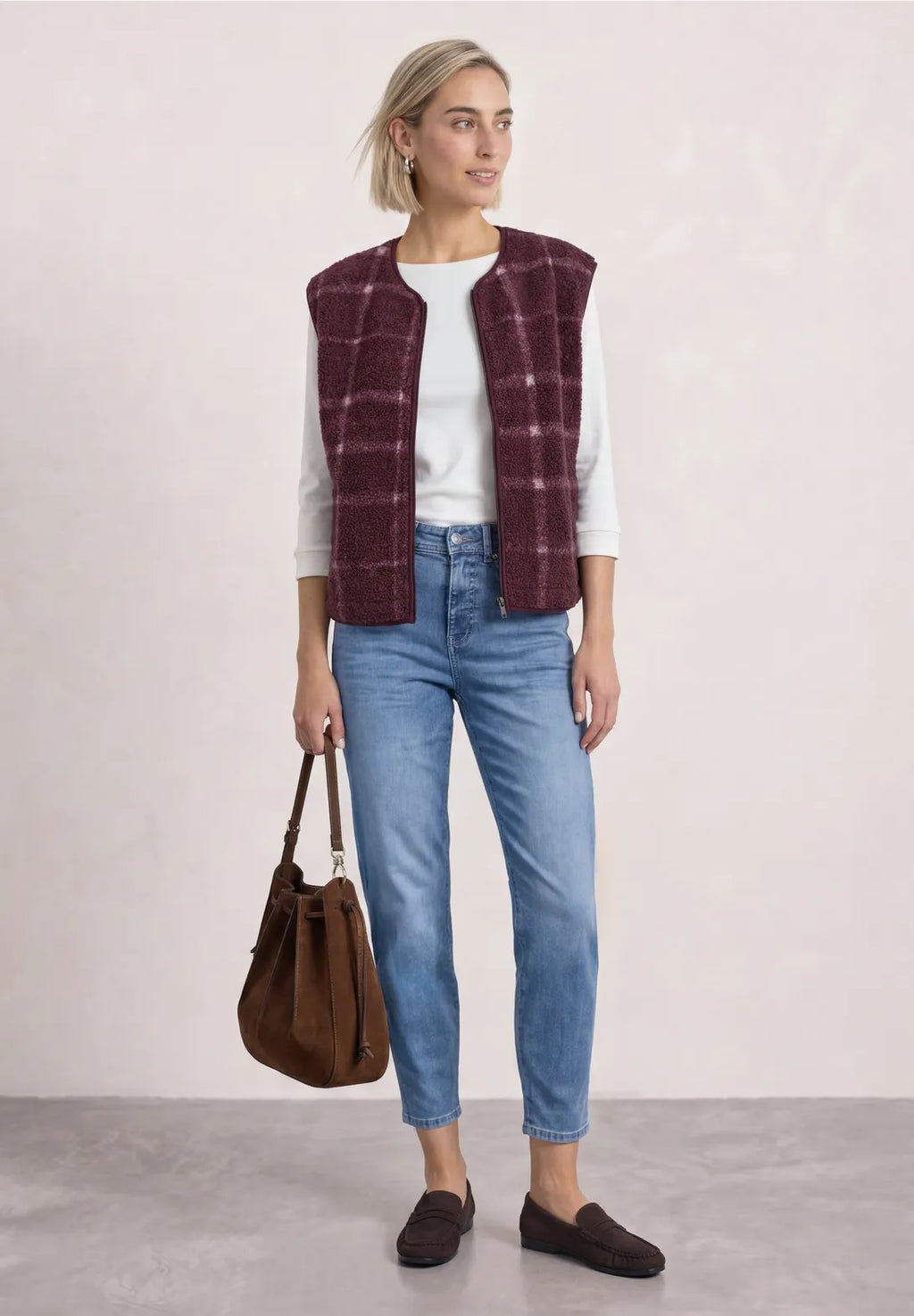 Street One Printyed Teddy Vest with Zipper - Burgundy Mix.