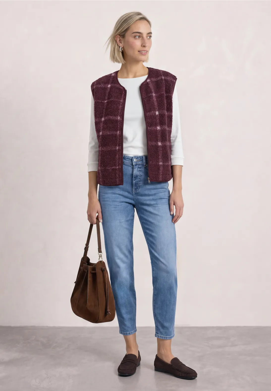 Street One Printyed Teddy Vest with Zipper - Burgundy Mix.