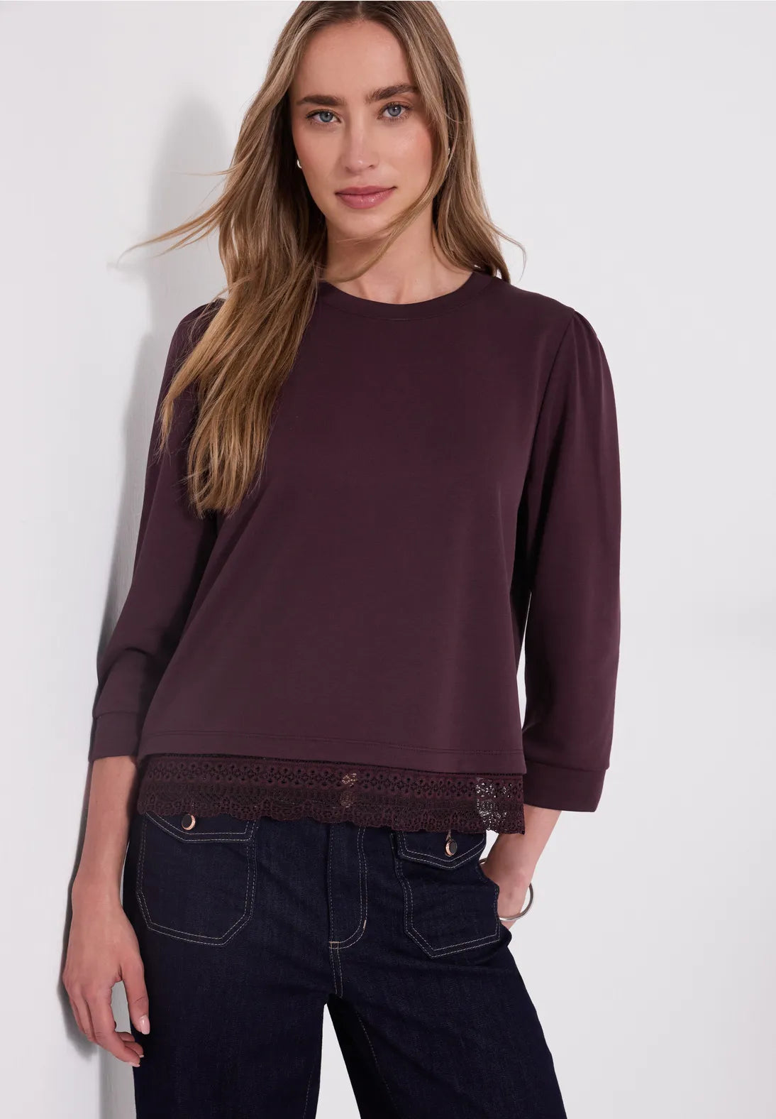 Street One 3/4 Sleeve Top with Lace Trim - Burgundy