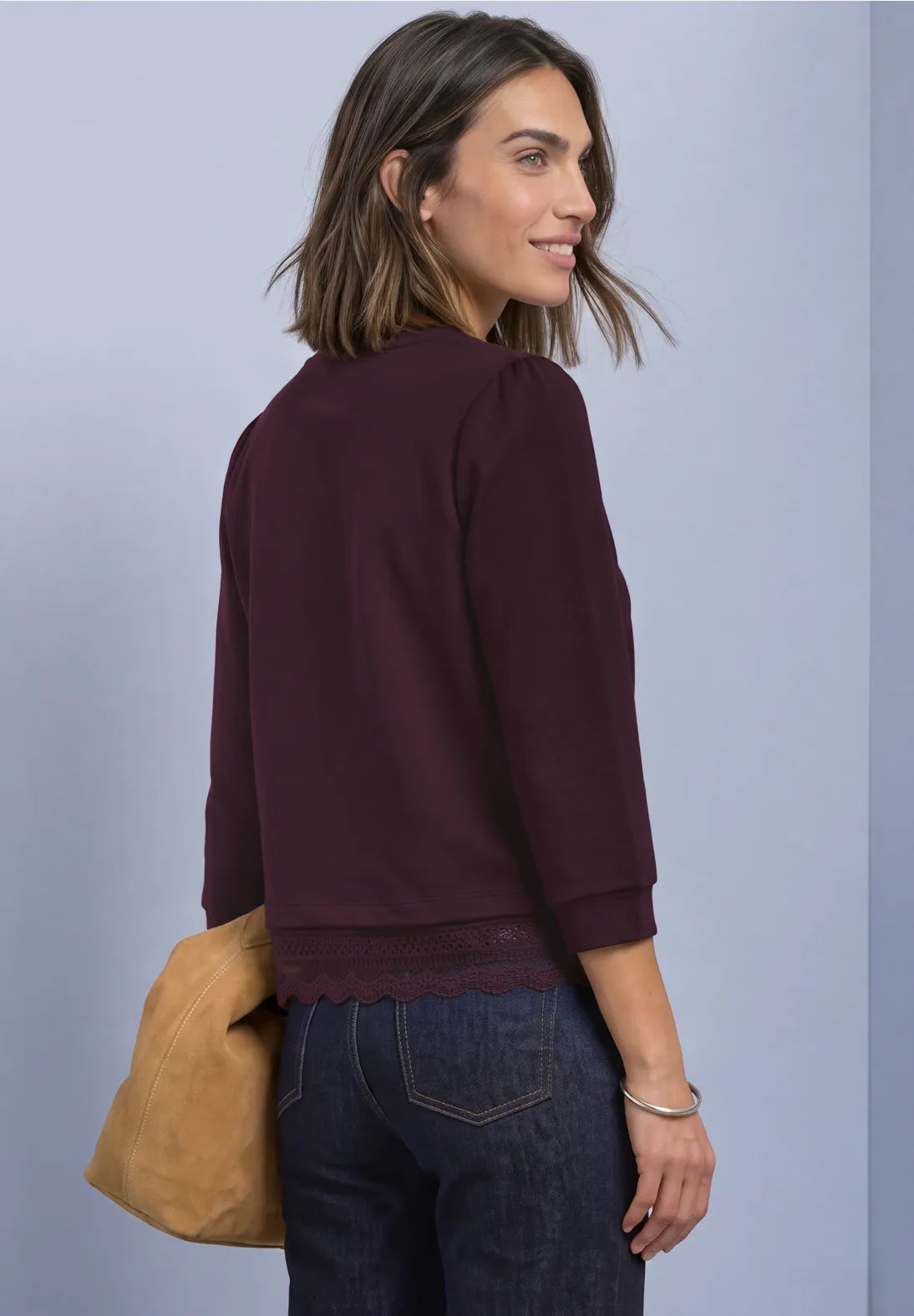 Street One 3/4 Sleeve Top with Lace Trim - Burgundy