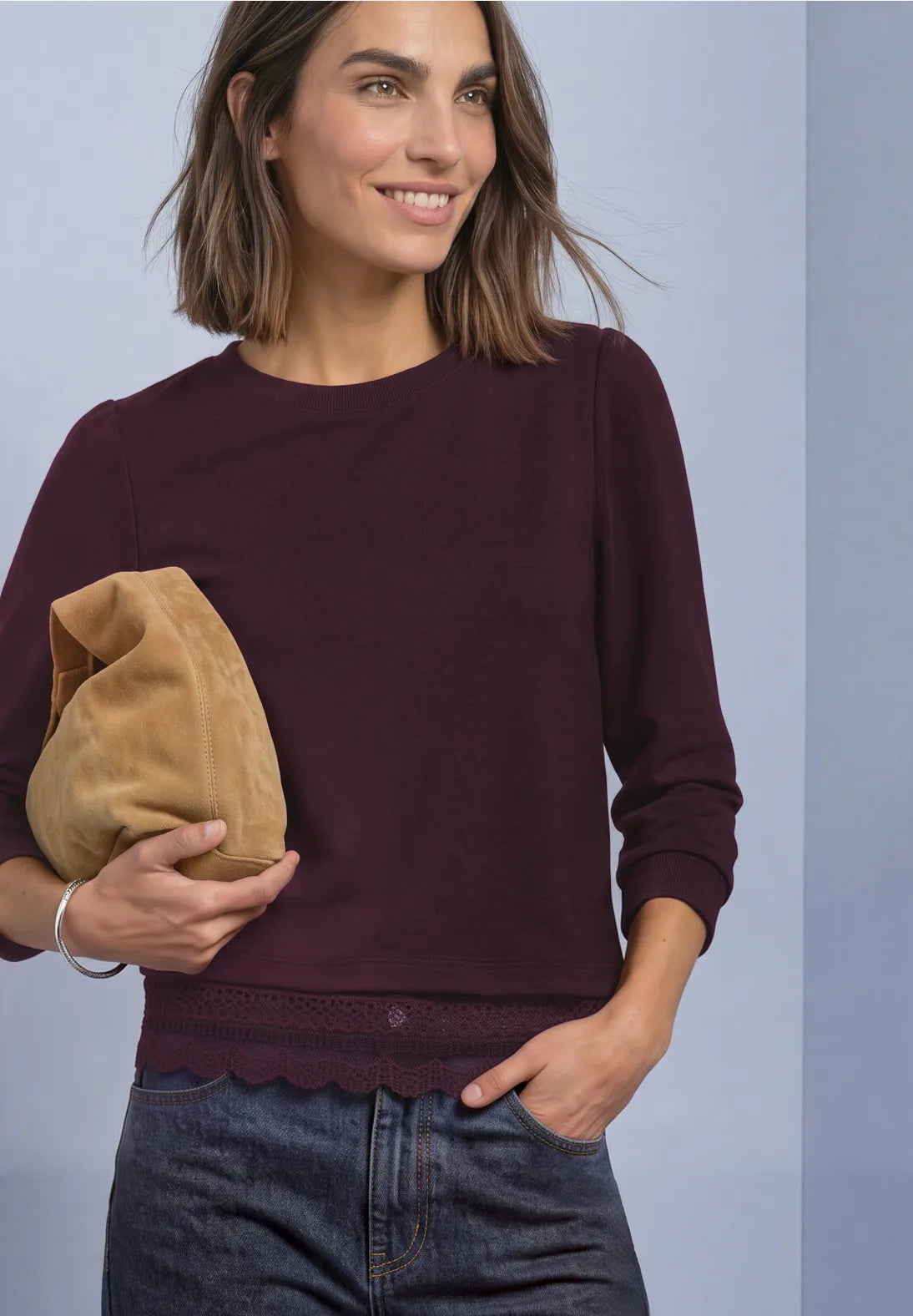 Street One 3/4 Sleeve Top with Lace Trim - Burgundy