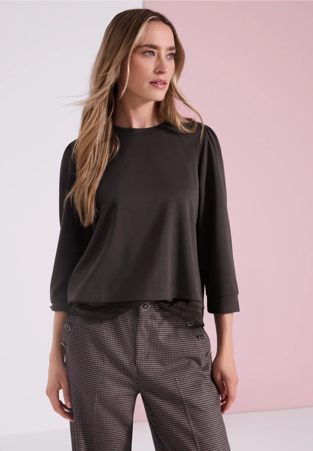 Street One 3/4 Sleeve Top with Lace Trim - Brown.