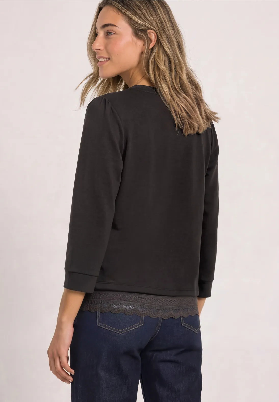 Street One 3/4 Sleeve Top with Lace Trim - Brown.