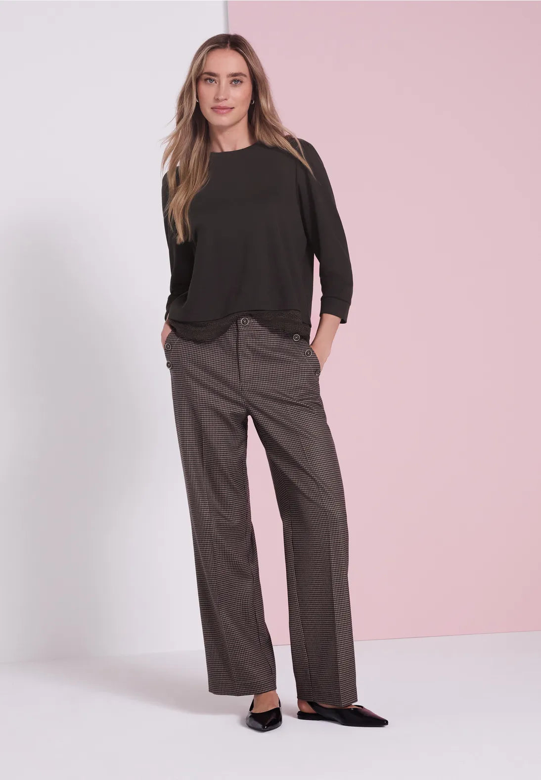 Street One 3/4 Sleeve Top with Lace Trim - Brown.