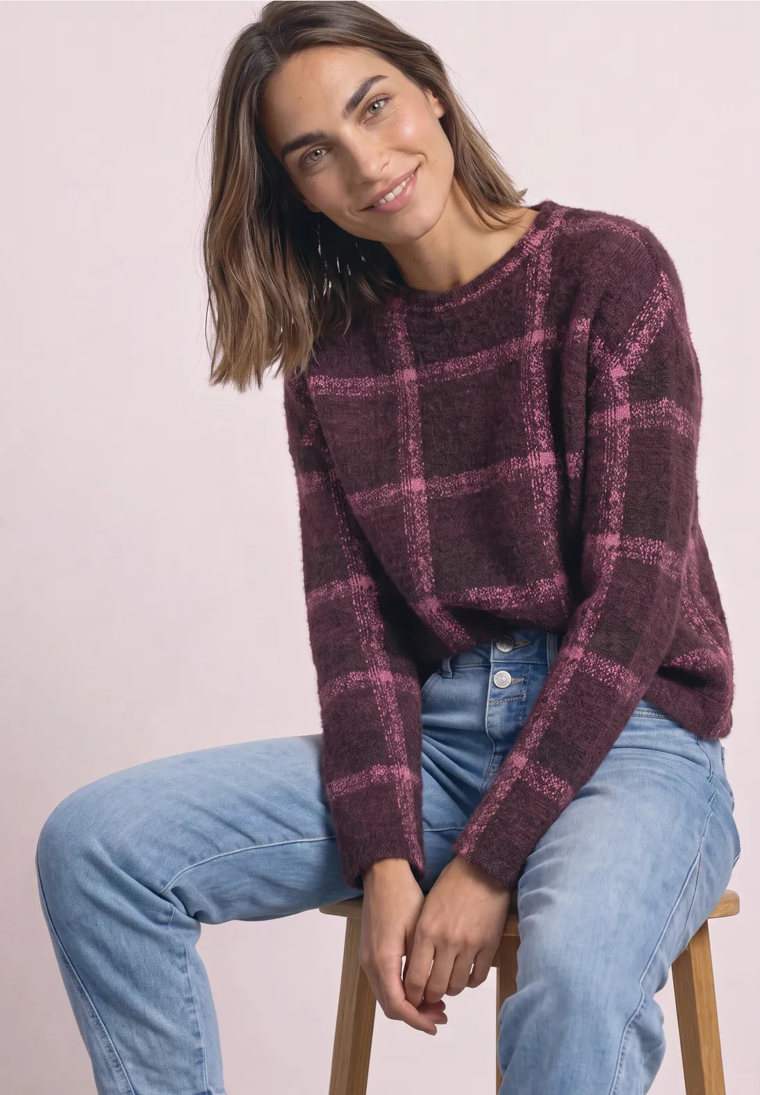 Street One Check Knit - Burgundy & Pink Mix