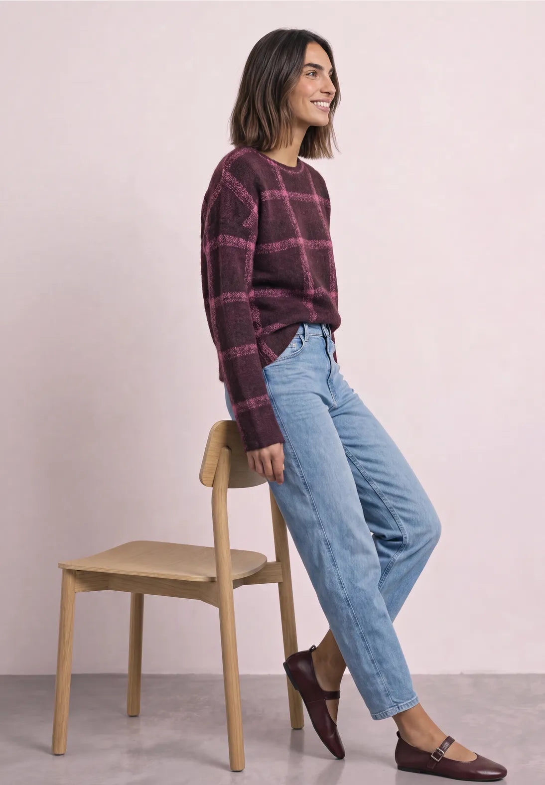 Street One Check Knit - Burgundy & Pink Mix