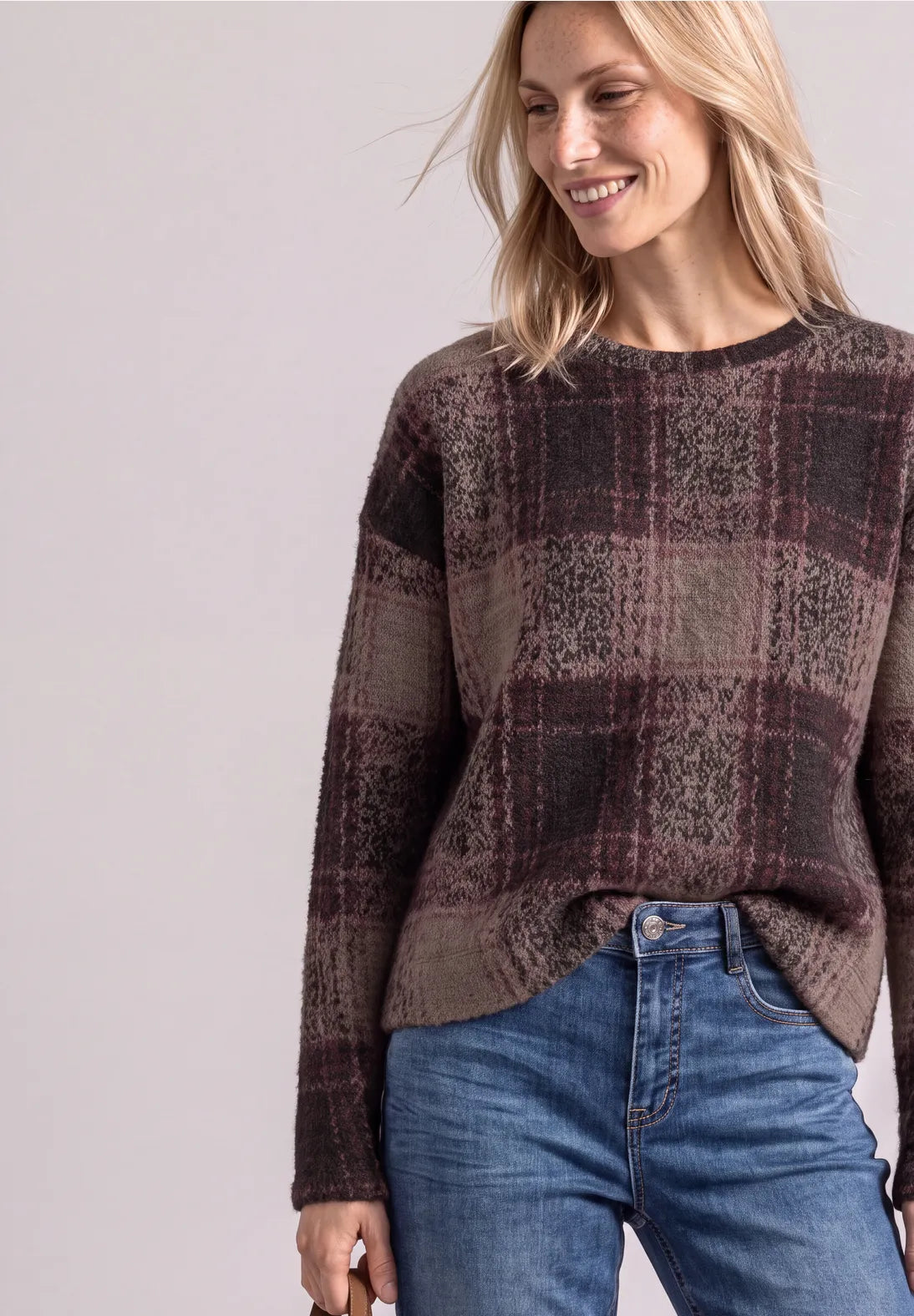 Street One Round Neck Knit with Check Pattern - Brown Mix.