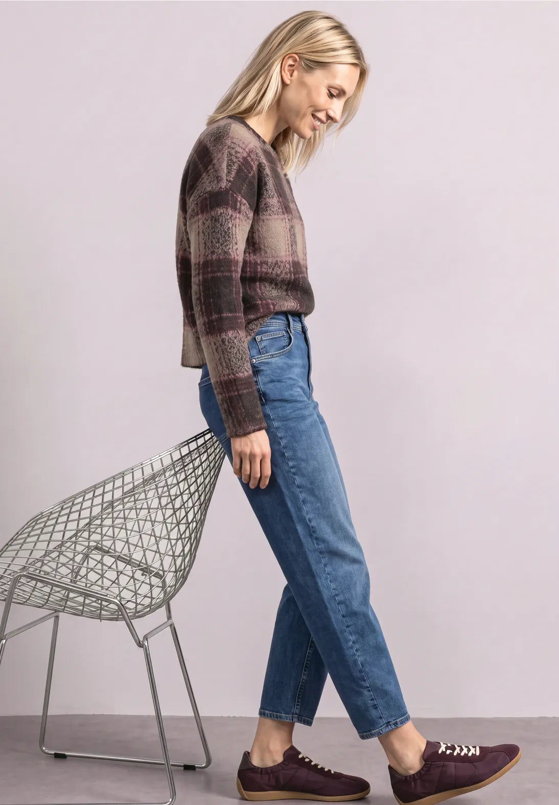 Street One Round Neck Knit with Check Pattern - Brown Mix.