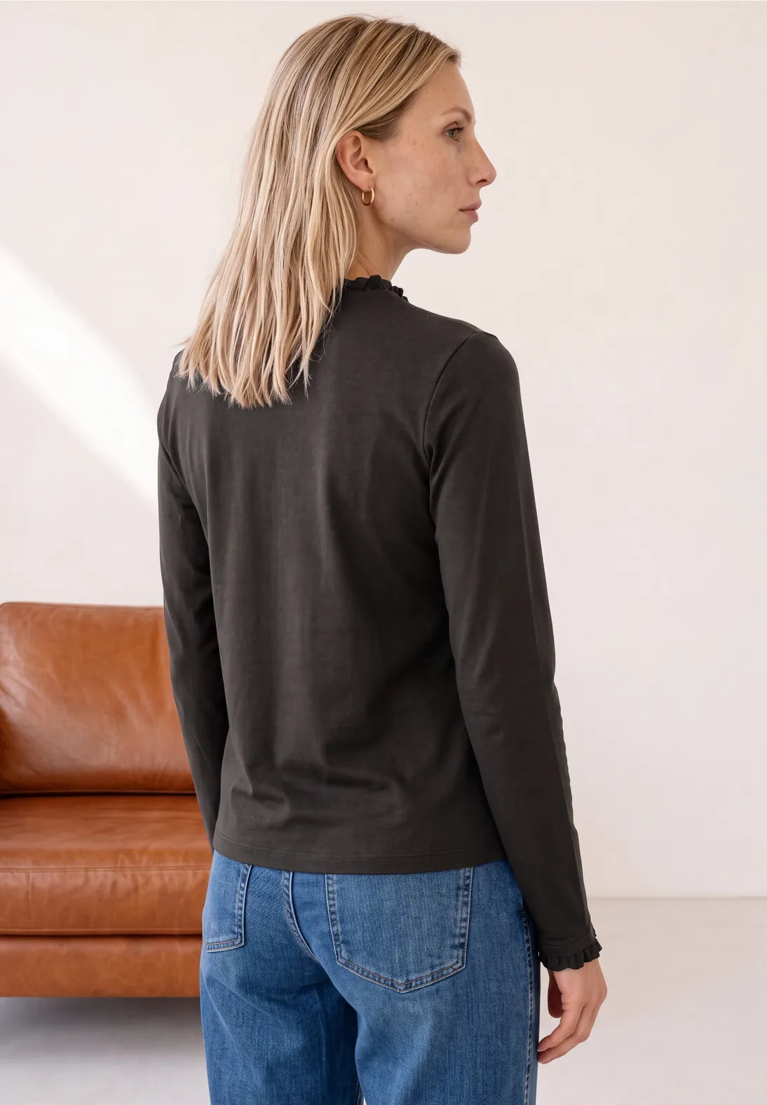 Street One Top with Ruffles & Cut Out Detail - Brown.