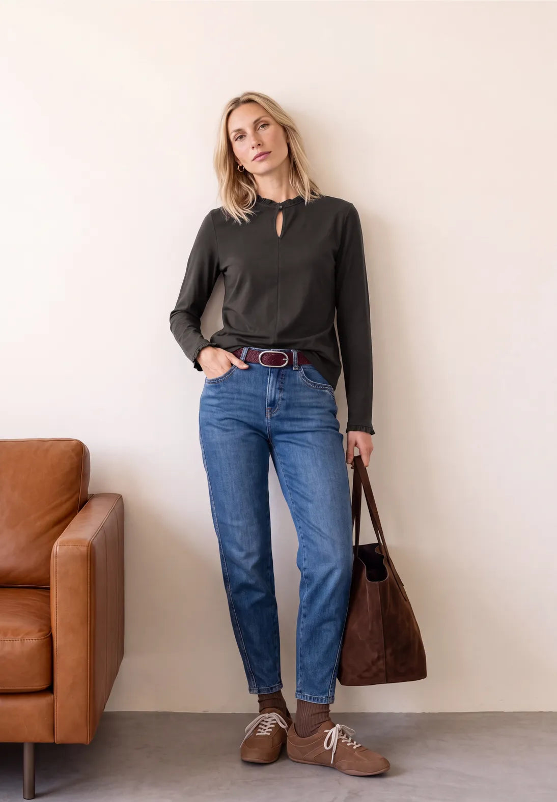 Street One Top with Ruffles & Cut Out Detail - Brown.