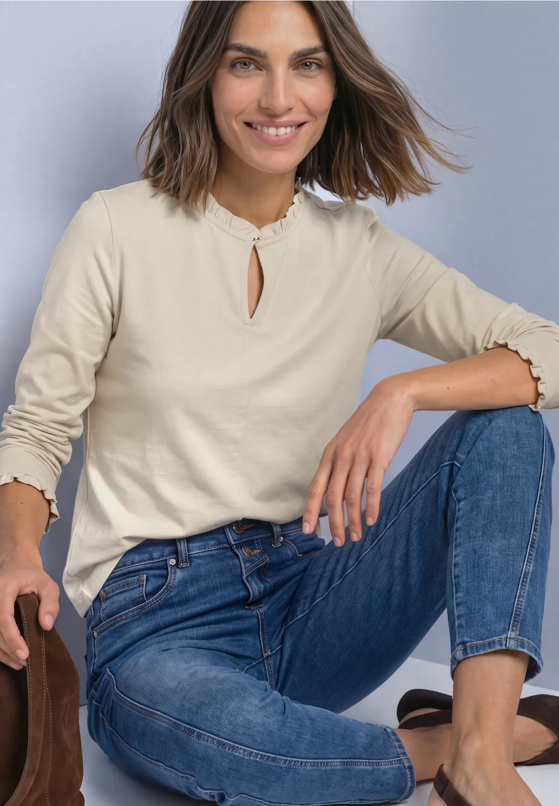 Street One Top with Ruffles & Cut Out Detail - Beige